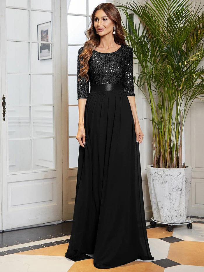 Wholesa Elegant Round Neckline 3/4 Sleeve Sequins Patchwork Evening Dress