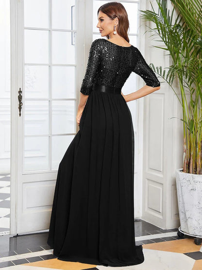 Wholesa Elegant Round Neckline 3/4 Sleeve Sequins Patchwork Evening Dress