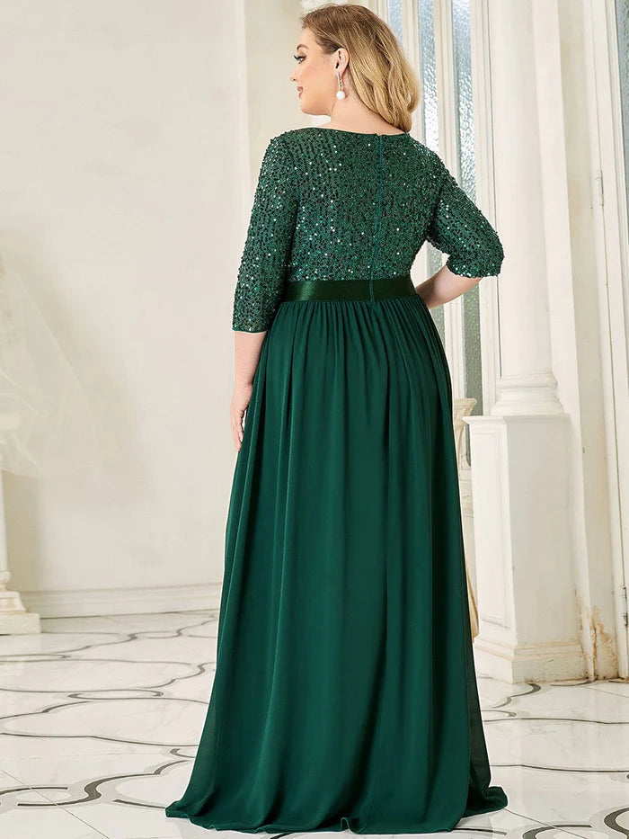 Wholesa Elegant Round Neckline 3/4 Sleeve Sequins Patchwork Evening Dress