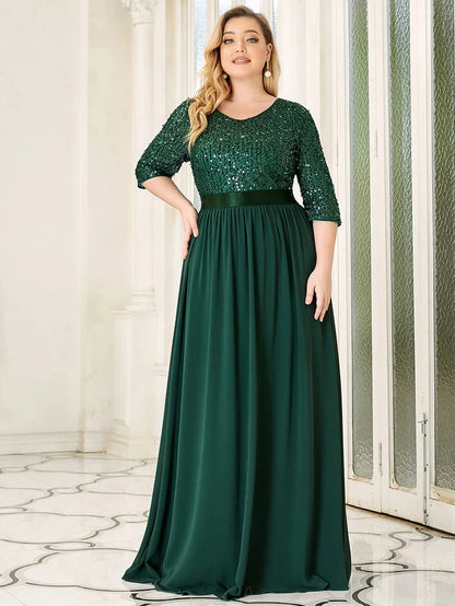 Wholesa Elegant Round Neckline 3/4 Sleeve Sequins Patchwork Evening Dress