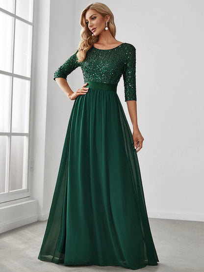 Wholesa Elegant Round Neckline 3/4 Sleeve Sequins Patchwork Evening Dress