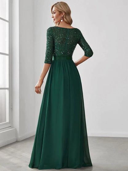 Wholesa Elegant Round Neckline 3/4 Sleeve Sequins Patchwork Evening Dress