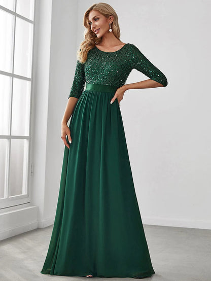 Wholesa Elegant Round Neckline 3/4 Sleeve Sequins Patchwork Evening Dress