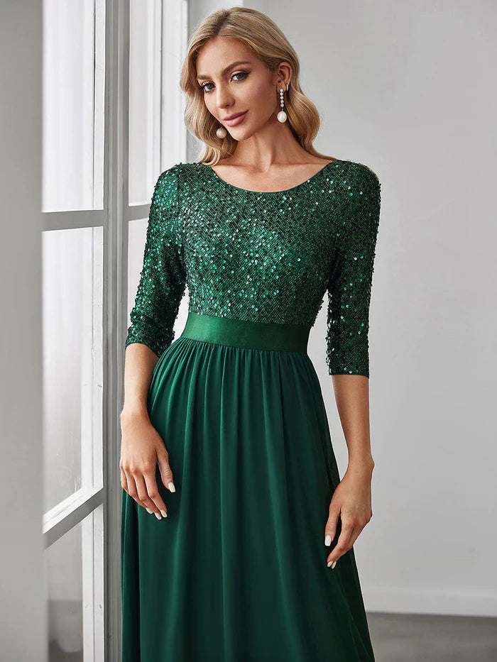 Wholesa Elegant Round Neckline 3/4 Sleeve Sequins Patchwork Evening Dress