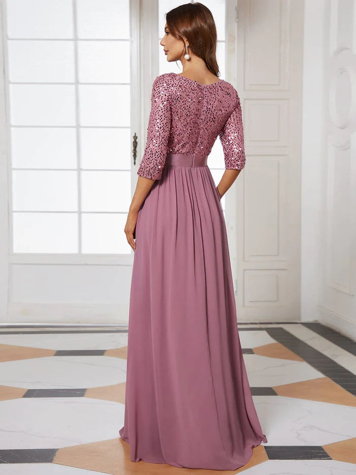 Wholesa Elegant Round Neckline 3/4 Sleeve Sequins Patchwork Evening Dress