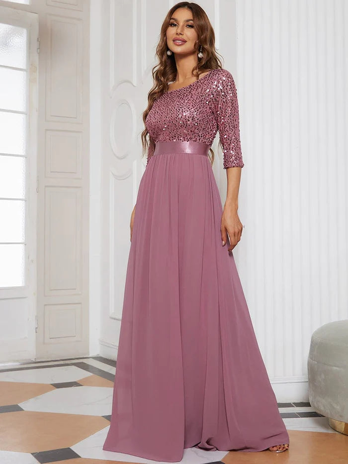 Wholesa Elegant Round Neckline 3/4 Sleeve Sequins Patchwork Evening Dress