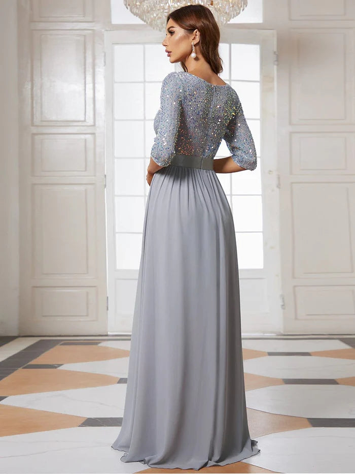 Wholesa Elegant Round Neckline 3/4 Sleeve Sequins Patchwork Evening Dress