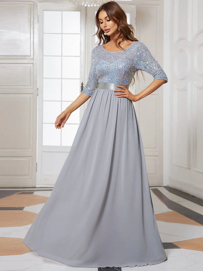 Wholesa Elegant Round Neckline 3/4 Sleeve Sequins Patchwork Evening Dress