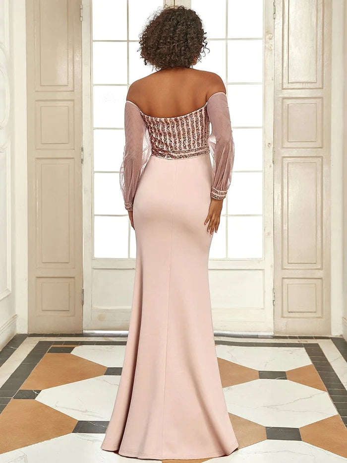 Wholesa Fashion Off the Shoulder Sequin Evening Gowns With Tulle Sleeve