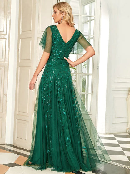 Wholesa Shimmery V Neck Ruffle Sleeves Sequin Maxi Long Evening Dress