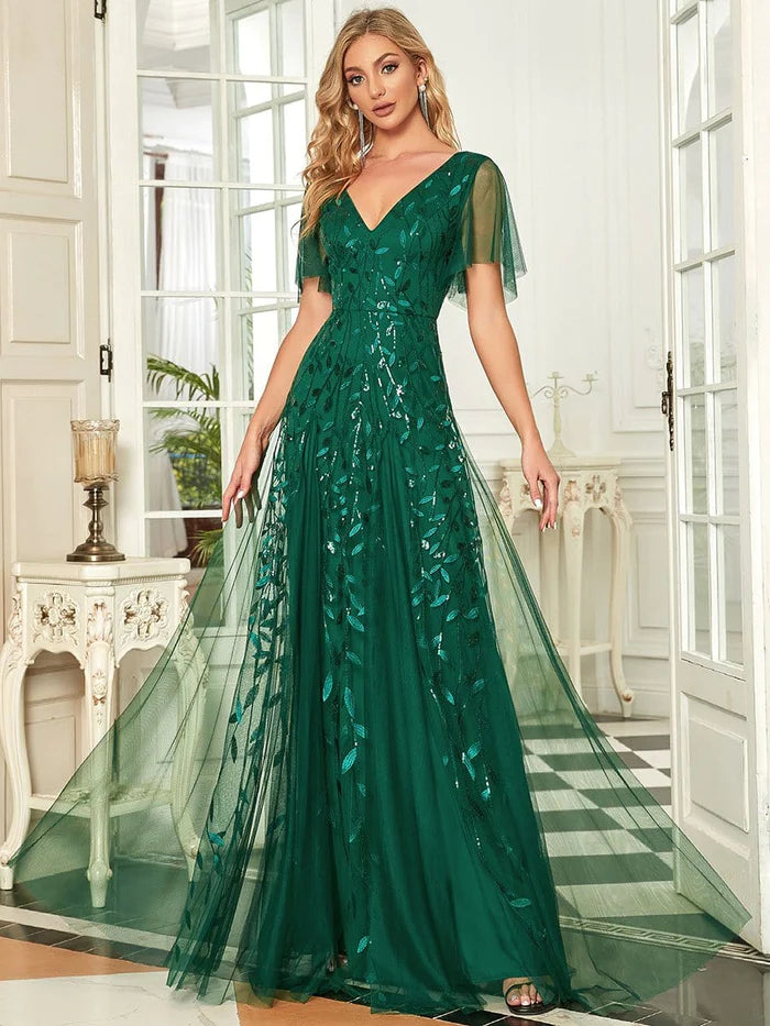 Wholesa Romantic Shimmery V Neck Ruffle Sleeves Maxi Long Evening Gowns