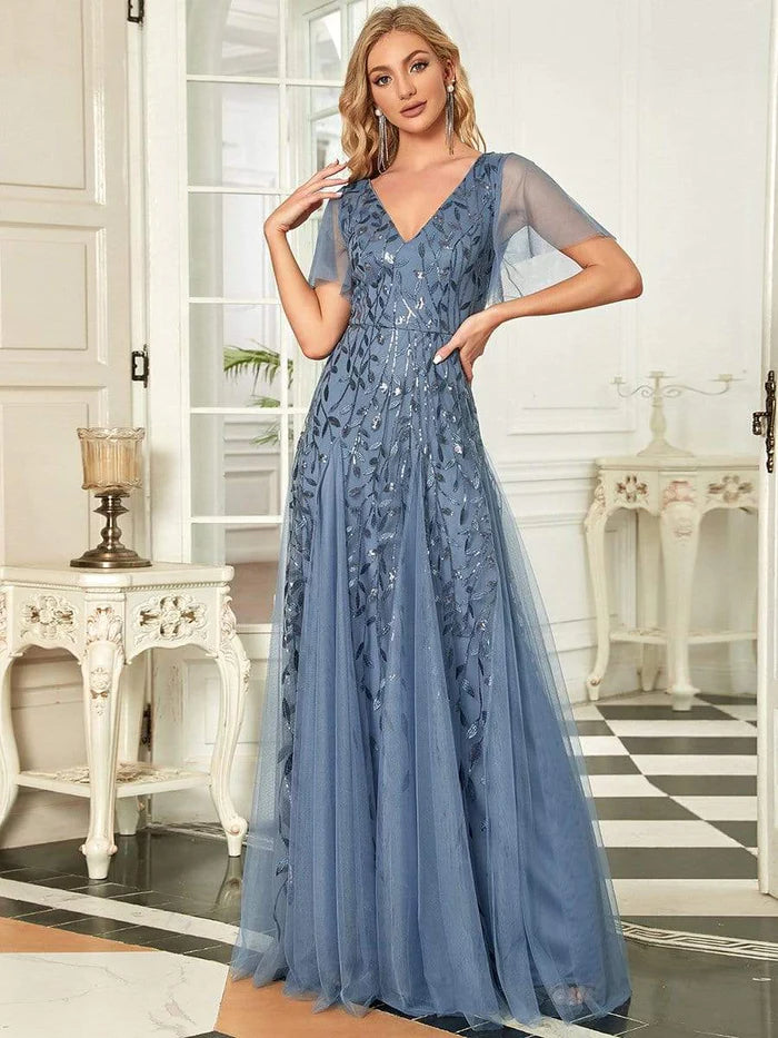 Wholesa Shimmery V Neck Ruffle Sleeves Sequin Maxi Long Evening Dress