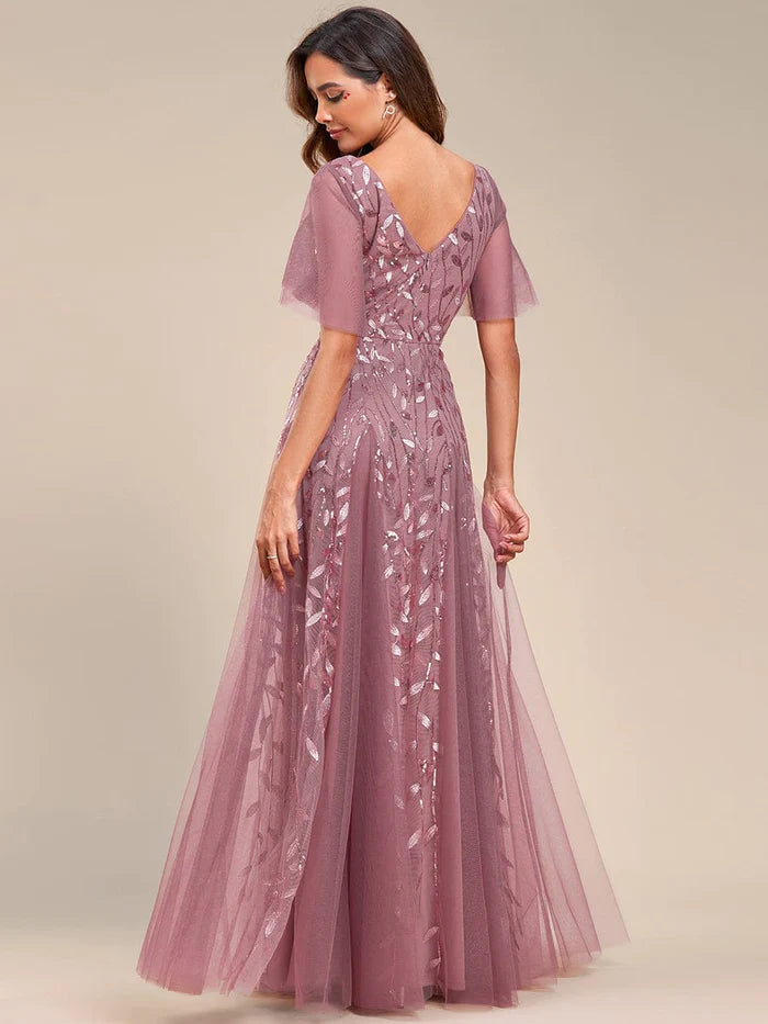 Wholesa Romantic Shimmery V Neck Ruffle Sleeves Maxi Long Evening Gowns