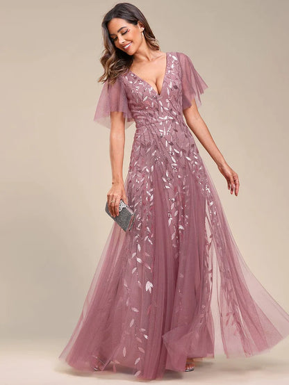 Wholesa Romantic Shimmery V Neck Ruffle Sleeves Maxi Long Evening Gowns