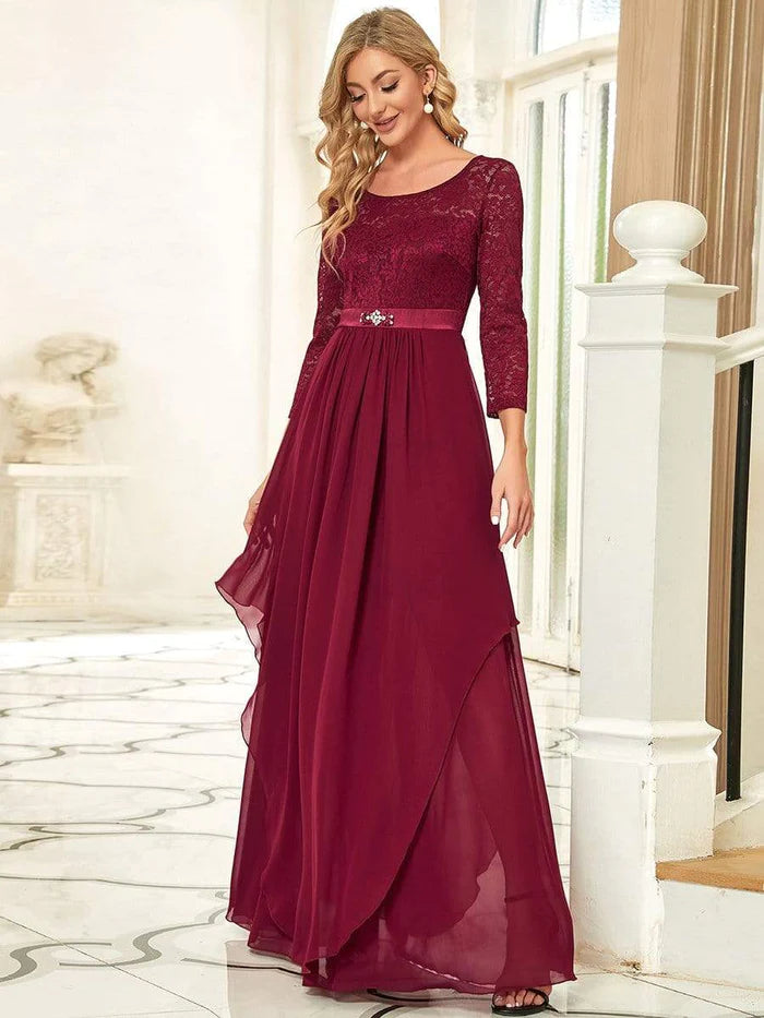 Wholesa Elegant 3/4 Sleeve Floor Length Lace Evening Wedding Guest Dresses