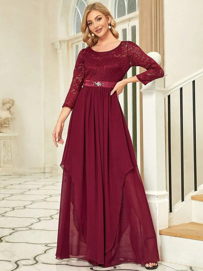 Wholesa Elegant 3/4 Sleeve Floor Length Lace Evening Wedding Guest Dresses