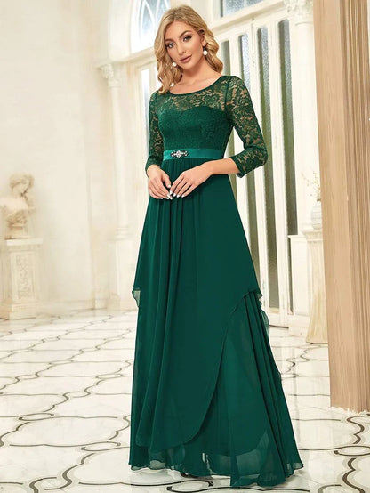 Wholesa Elegant 3/4 Sleeve Floor Length Lace Evening Wedding Guest Dresses