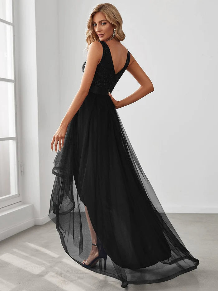 Wholesa Elegant High-Low Deep V Neck Tulle Evening Dresses with Sequins