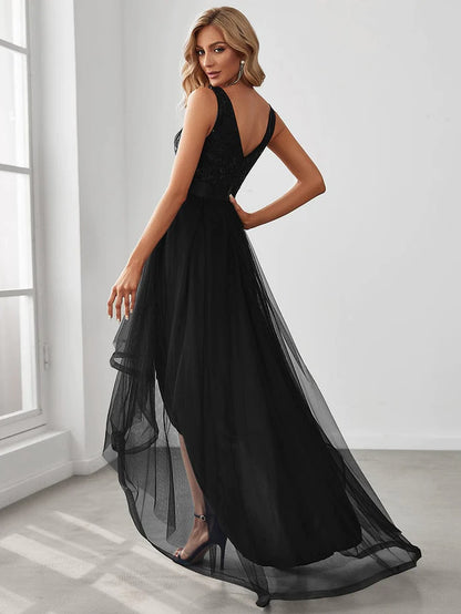 Wholesa Fashion High-Low Deep V Neck Tulle Prom Dresses with Sequin Appliques