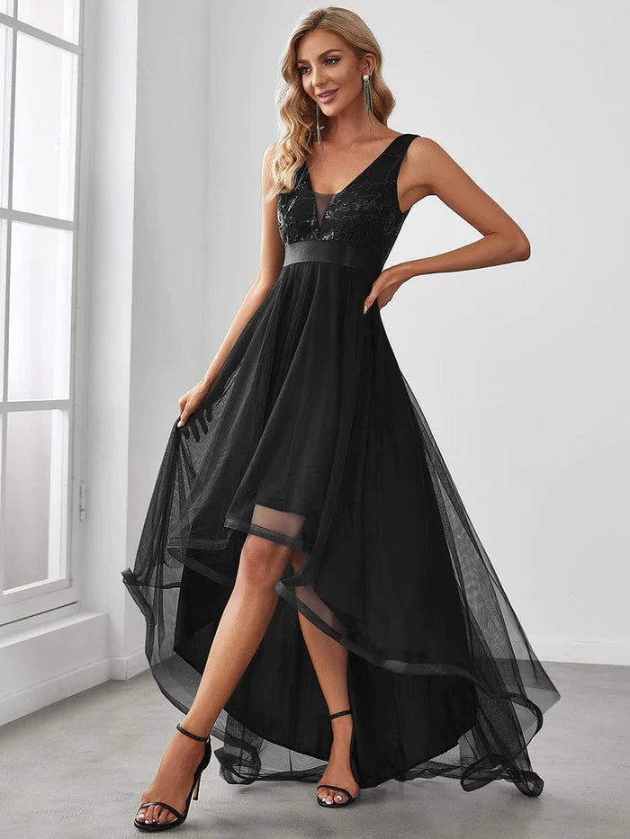 Wholesa Elegant High-Low Deep V Neck Tulle Evening Dresses with Sequins