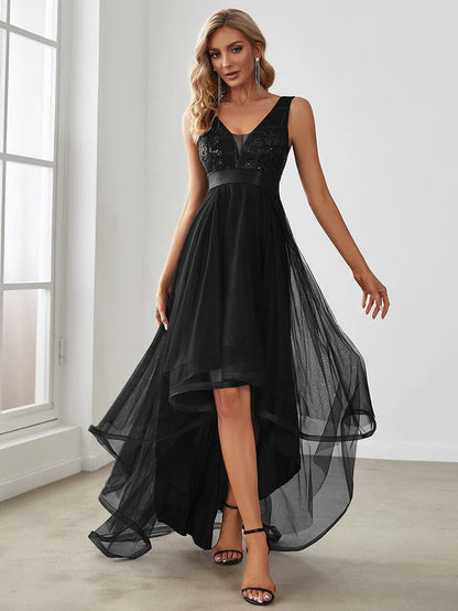 Wholesa Fashion High-Low Deep V Neck Tulle Prom Dresses with Sequin Appliques