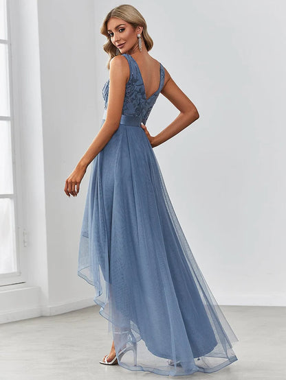 Wholesa Elegant High-Low Deep V Neck Tulle Evening Dresses with Sequins