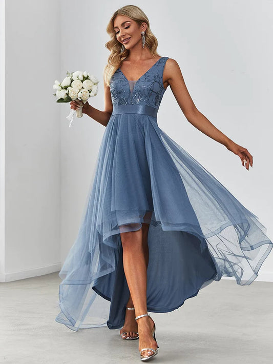 Wholesa Elegant High-Low Deep V Neck Tulle Evening Dresses with Sequins