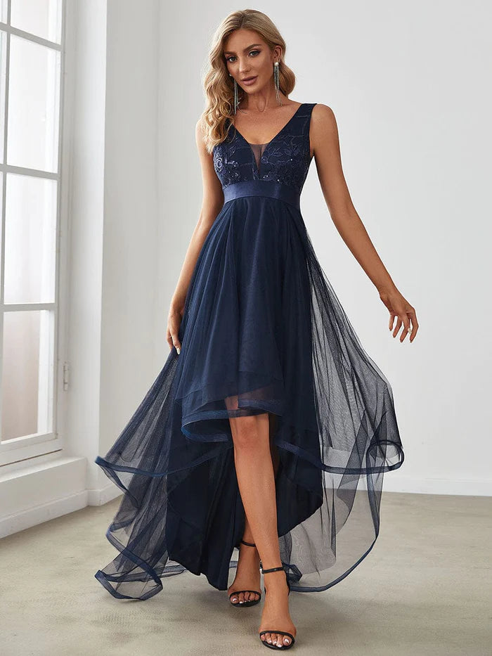 Wholesa Fashion High-Low Deep V Neck Tulle Prom Dresses with Sequin Appliques