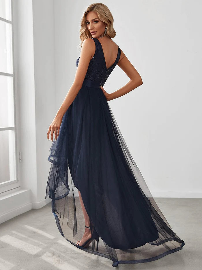 Wholesa Elegant High-Low Deep V Neck Tulle Evening Dresses with Sequins