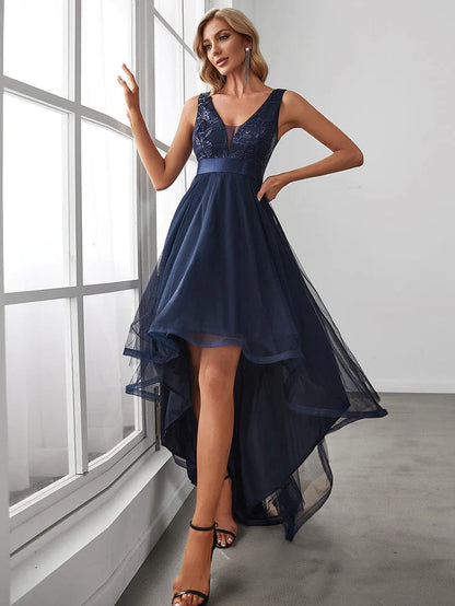 Wholesa Elegant High-Low Deep V Neck Tulle Evening Dresses with Sequins