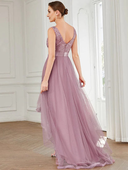 Wholesa Elegant High-Low Deep V Neck Tulle Evening Dresses with Sequins