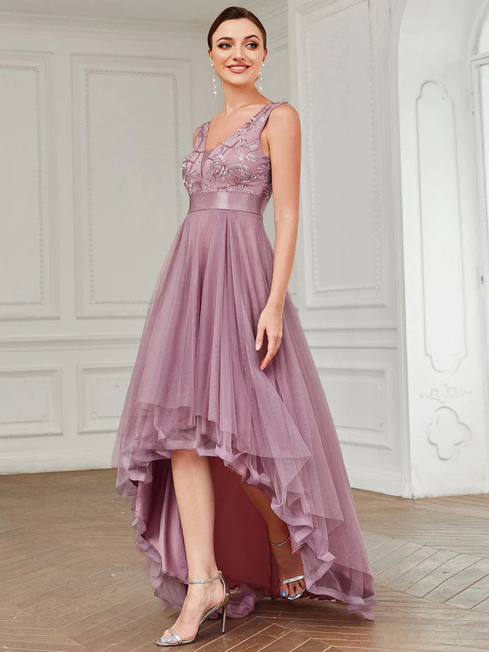 Wholesa Elegant High-Low Deep V Neck Tulle Evening Dresses with Sequins