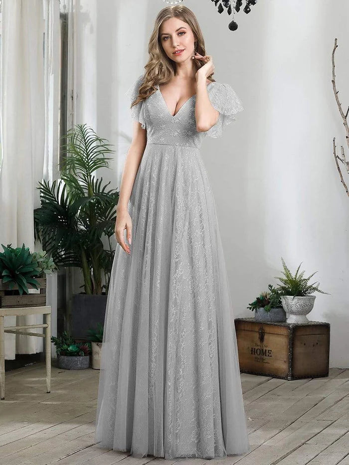 Wholesa Double V Neck Maxi Lace Evening Dresses with Ruffle Sleeves