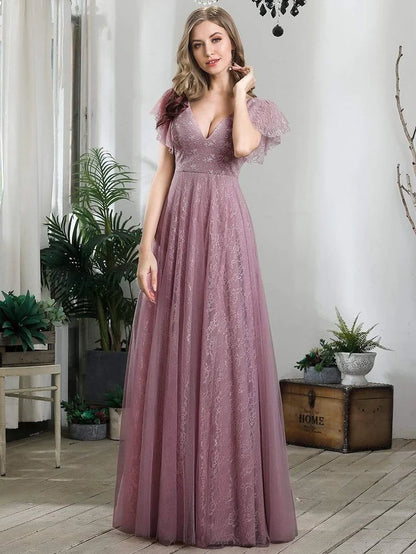 Wholesa Double V Neck Maxi Lace Evening Dresses with Ruffle Sleeves