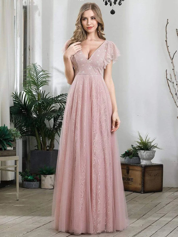 Wholesa Double V Neck Maxi Lace Evening Dresses with Ruffle Sleeves