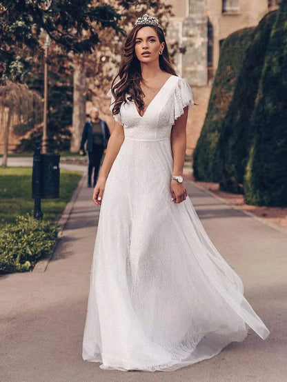 Wholesa Elegant Maxi Lace Wedding Dress with Ruffle Sleeves