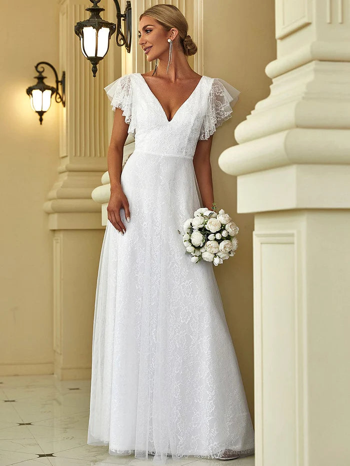 Wholesa Elegant Maxi Lace Wedding Dress with Ruffle Sleeves