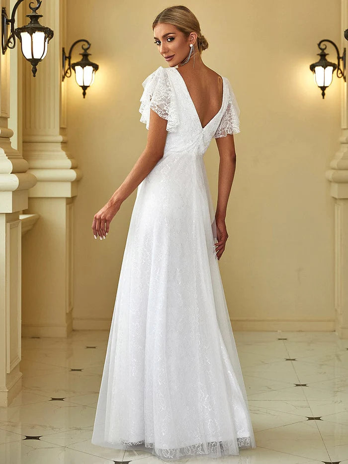 Wholesa Elegant Maxi Lace Wedding Dress with Ruffle Sleeves