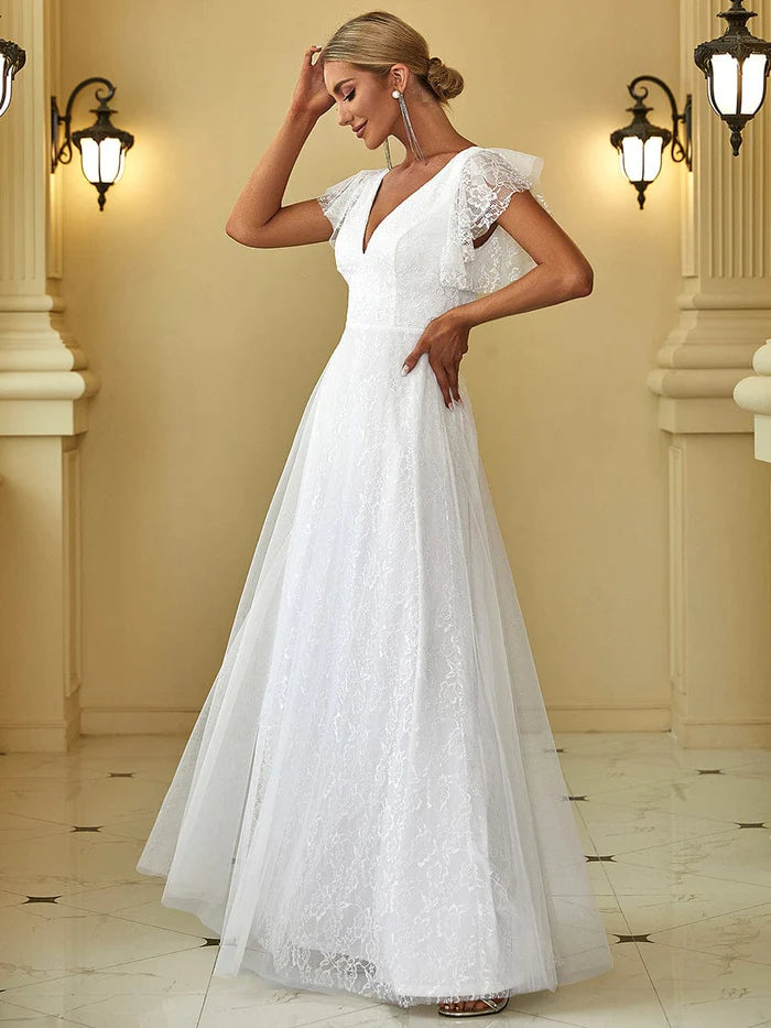 Wholesa Elegant Maxi Lace Wedding Dress with Ruffle Sleeves