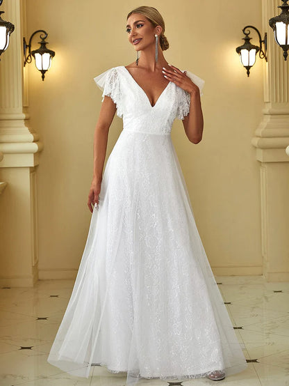 Wholesa Elegant Maxi Lace Wedding Dress with Ruffle Sleeves