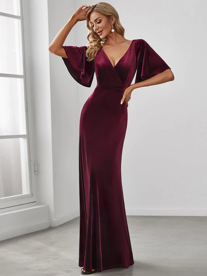 Wholesa Trendy Double V Neck Velvet Wedding Guest Dress