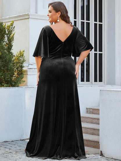 Wholesa Elegant Double V Neck Velvet Party Dress with Sleeves