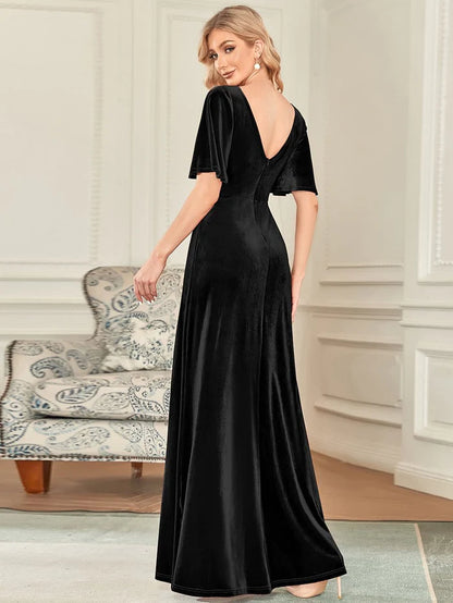 Wholesa Sexy V Neck Maxi Long Velvet Evening Dress