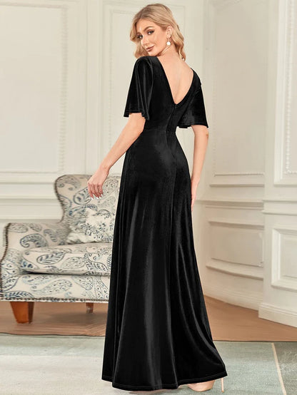 Wholesa Elegant Double V Neck Velvet Party Dress with Sleeves