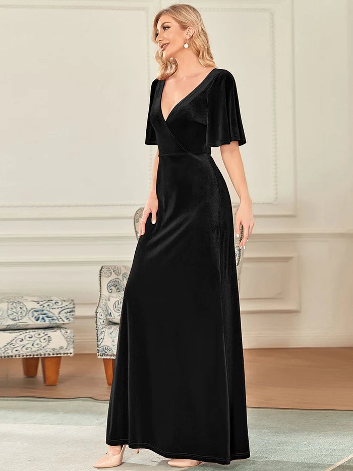 Wholesa Elegant Double V Neck Velvet Party Dress with Sleeves