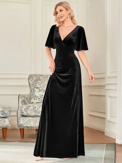 Wholesa Elegant Double V Neck Velvet Party Dress with Sleeves