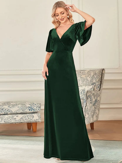 Wholesa Sexy V Neck Maxi Long Velvet Evening Dress