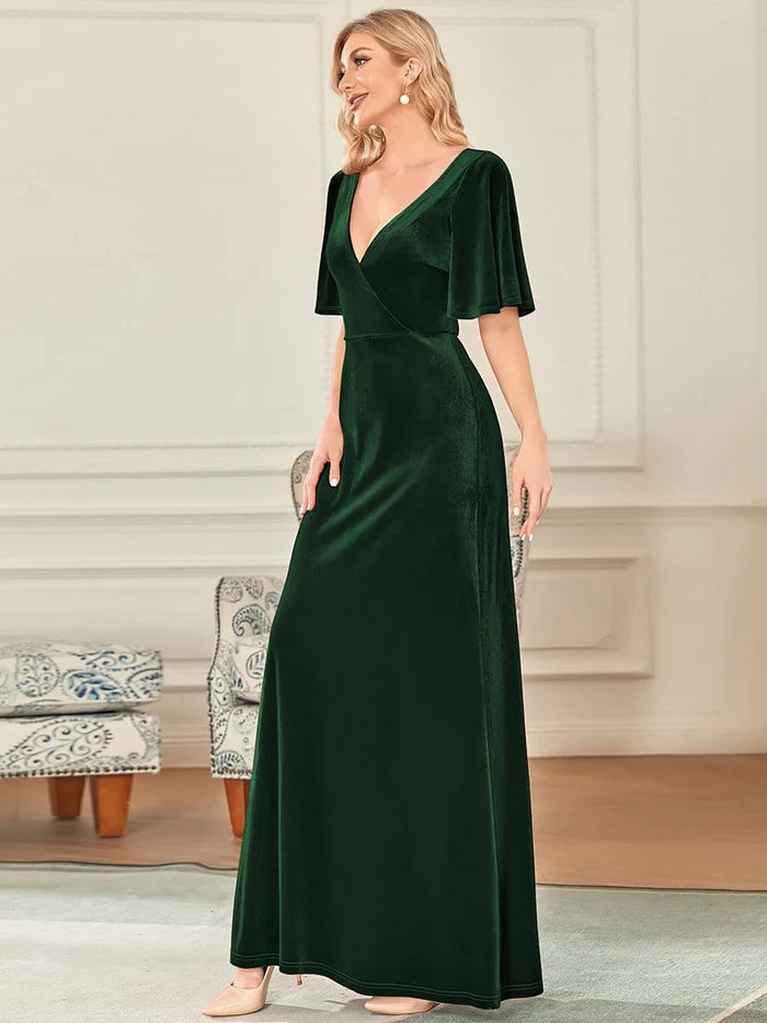 Wholesa Sexy V Neck Maxi Long Velvet Evening Dress