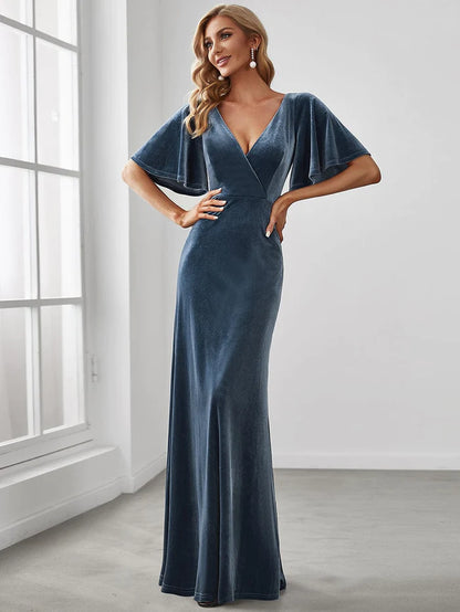 Wholesa Sexy V Neck Maxi Long Velvet Evening Dress