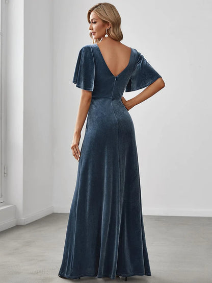 Wholesa Trendy Double V Neck Velvet Wedding Guest Dress